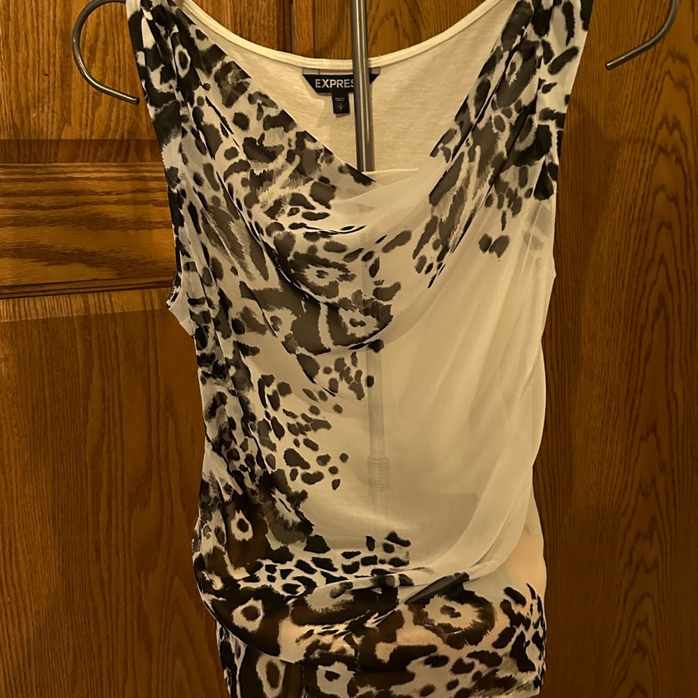 Express white sheer sleeveless shirt with black leopard print